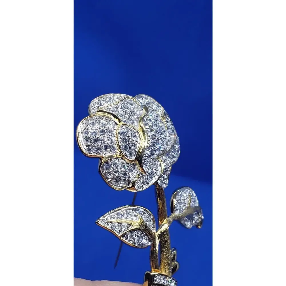 VINTAGE Nolan Miller Glamour Collection Roses Flower Brooch Rhinestone Pave Big